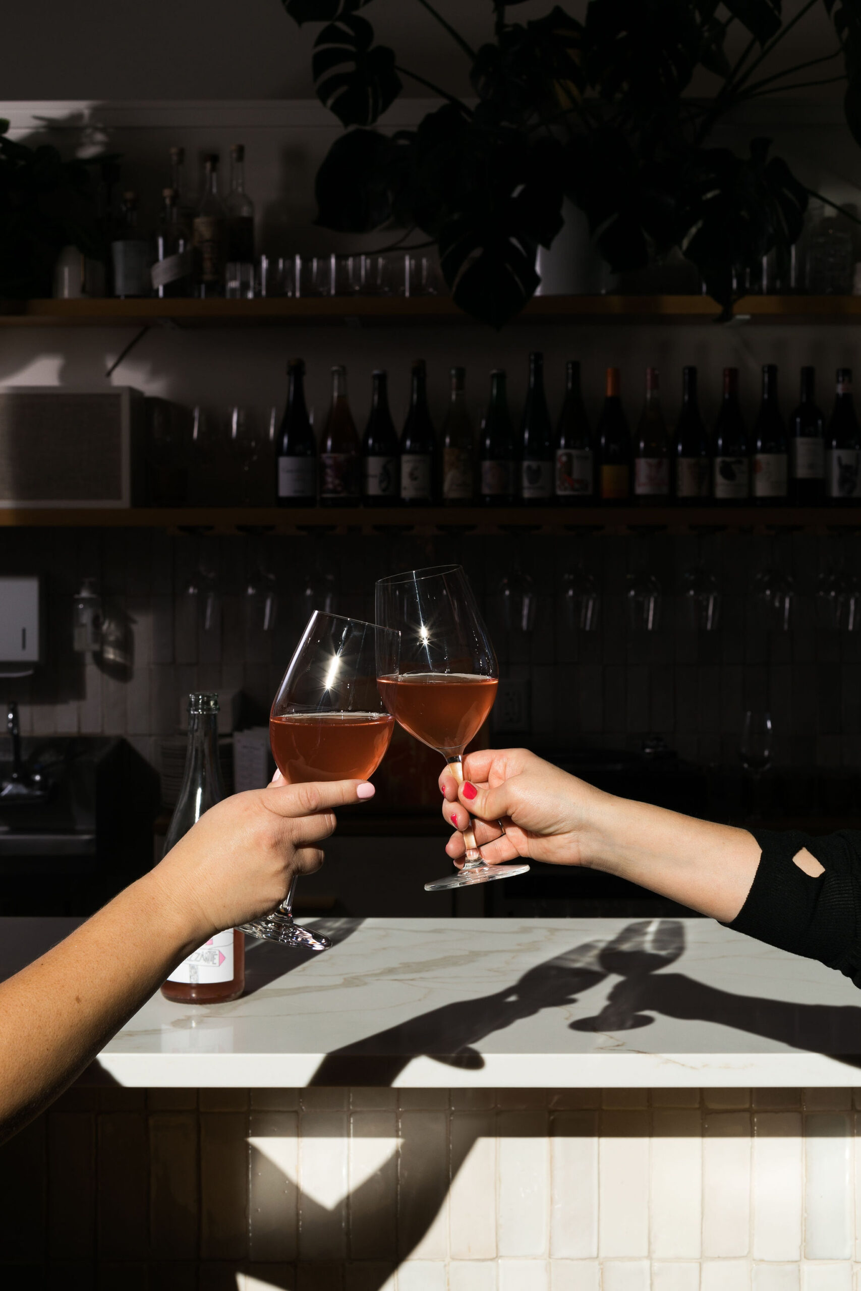 A toast with wine glasses and a dark wine shop background